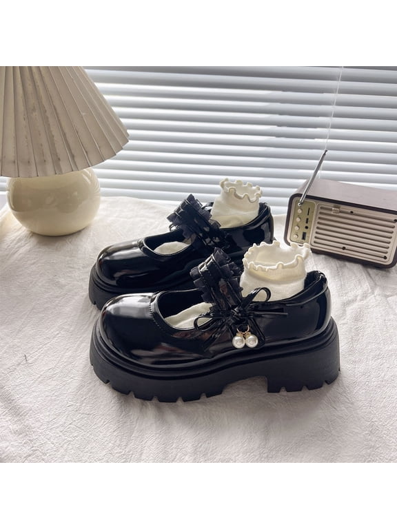Girls Mary Jane Platform Shoes Bow Pearls Lace Lug Sole Chunky Heel Shoes Kids Trendy Hook and Loop Dress Footwear Black 11.5 Little Kids