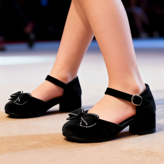 Girls Mary Jane School Shoes Patent Dress Shoes with Buckle Strap & Sparkly Bow for Kids Black Low Heel,Size 4.5-5T