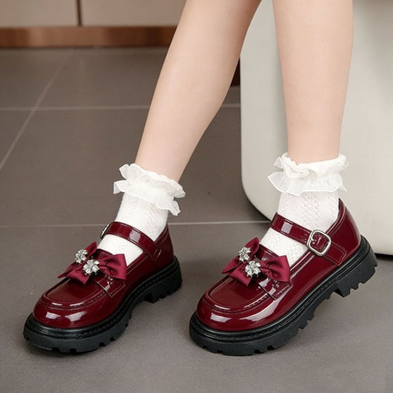 Girls Mary Jane Shoes School Uniform Slip On Dress Shoes Princess Hook and Loop Non-Slip Sole Casual Shoes for Kids