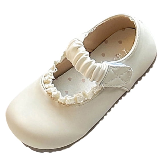 Girls Mary Jane Uniform Flats Scalloped Lace Trim Hook and Loop Shoes Flexible Anti Slip Round Toe Footwear for Little Kid Wedding and Recitals