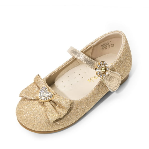 Girls Mary Jane dress shoes with heart rhinestone front bow designed for weddings parties birthdays and holiday events