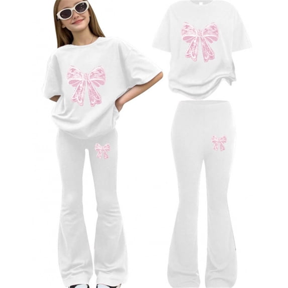 Girls' Matching Set,Pink Butterfly Bow Print T-Shirt and Flared Pants Two-Piece Outfit for Spring Autumn,Casual and Cozy for Daily Wear,Photos,Special Occasions,Easy Mix and Match Style - White