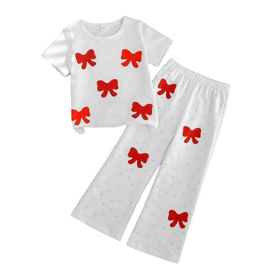 Girls Matching Set White 2 Piece Outfit Short Sleeve Top & Flare Pants Nylon Spandex Play Clothes Bow Design Elastic Waist Casual Wear 4-9 Years,Size 8 T