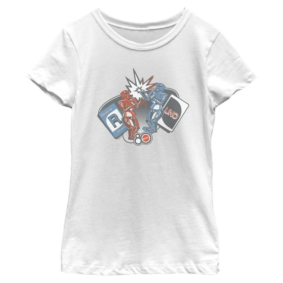 Girls Mattel Classic Blue Bomber and Red Rocker Robots T Shirt