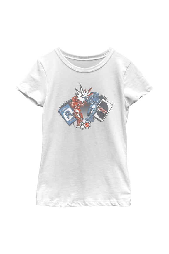 Girls Mattel Classic Blue Bomber and Red Rocker Robots T Shirt