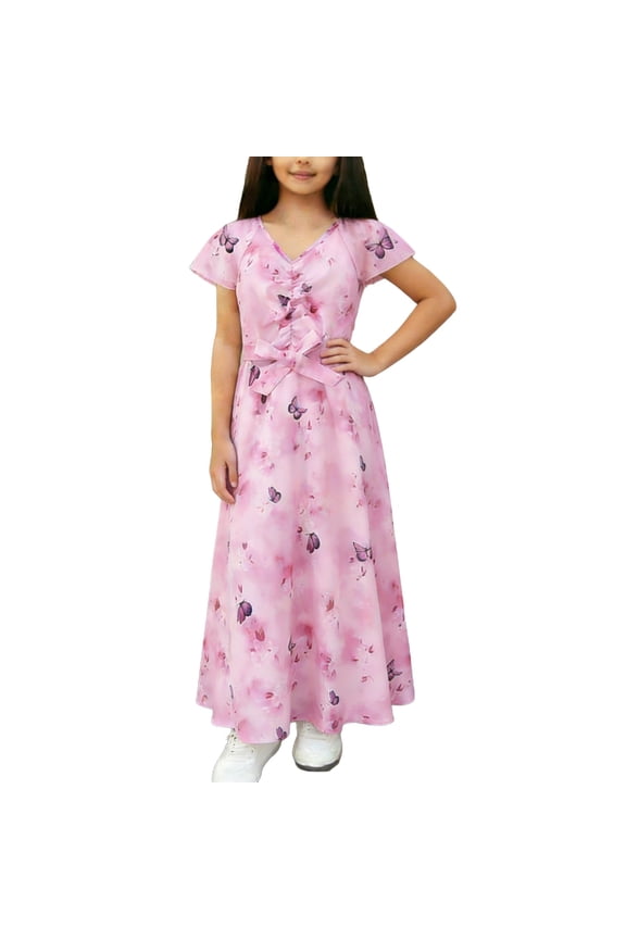 Girls Maxi Dress Floral Butterfly Print Pink Lightweight Summer Party Dress with Belt for Kids 7-12 Years,Size 10-11T