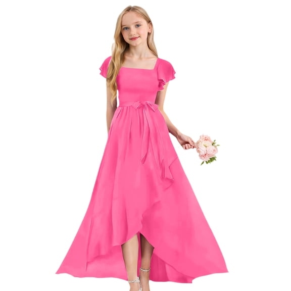 Girls Maxi Dress, Flowy Tiered Skirt with Smocked Bodice and Ruffle Hem, Beautiful Dress for Birthday Parties, Weddings, and Special Photos.,Hot Pink,130