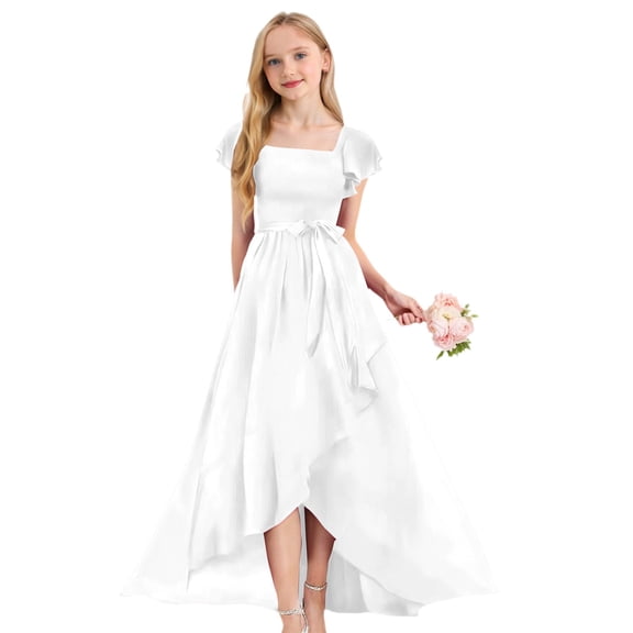 Girls Maxi Dress, Flowy Tiered Skirt with Smocked Bodice and Ruffle Hem, Beautiful Dress for Birthday Parties, Weddings, and Special Photos.,White,120