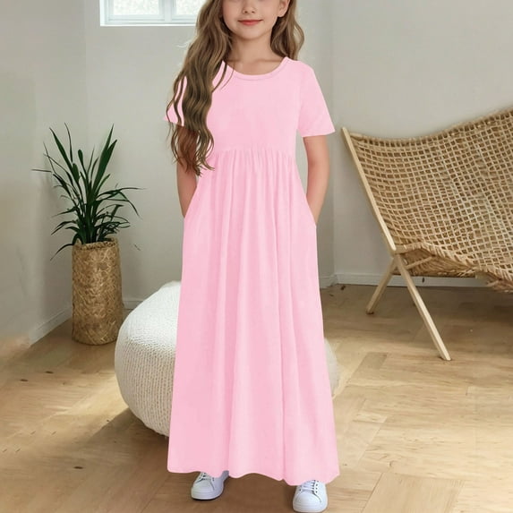 Girls Maxi Dress Short Sleeve Casual Holiday Dress with Pockets for 4-14 Years 2025 Summer Solid Color Dresses