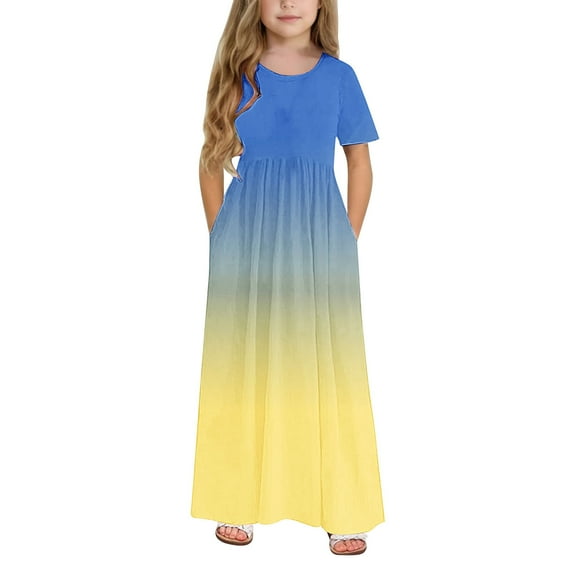Girls Maxi Dresses with Pockets 4-14Y Teens Kids Trendy Short Sleeve Crew Neck High Waisted Gradient Printed Pleated Going-Out A-Line Dress