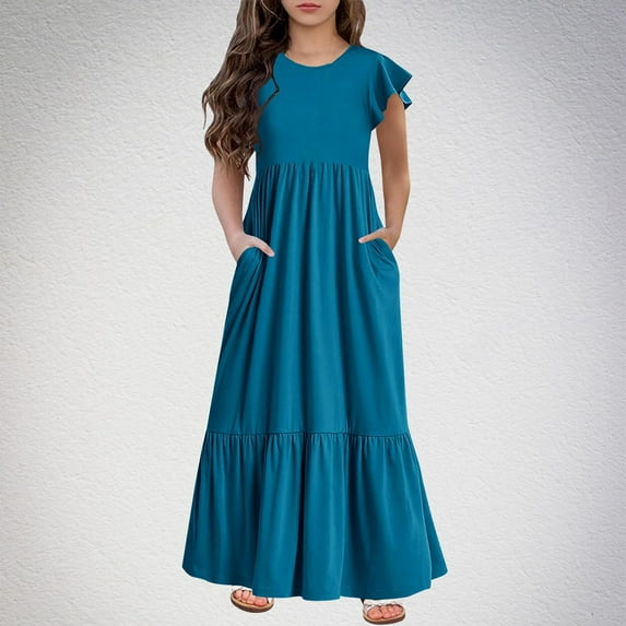 Girls Maxi Dresses with Pockets Size 6-12 Toddlers Kids Casual Solid Color Ruffle Sleeve Crewneck Pullover Beach Long Dress