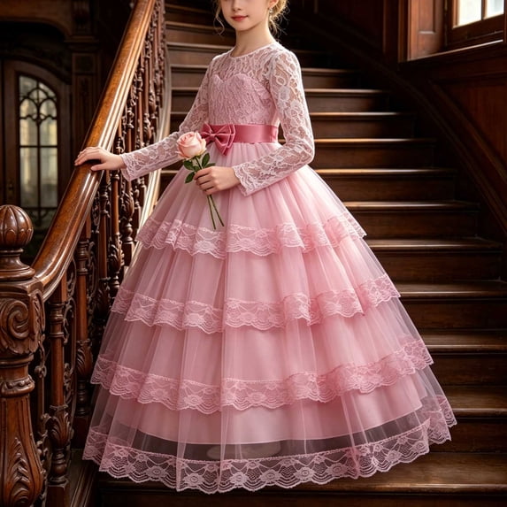 Girls Maxi Gown Lace Long Sleeve Cinched Bow Belted A-Line Dress Tween Elegant Fluffy Mesh Tiered Layered Evening Dresses Pink 01 14-15 Years