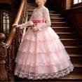 thumbnail image 1 of Girls Maxi Gown Lace Long Sleeve Cinched Bow Belted A-Line Dress Tween Elegant Fluffy Mesh Tiered Layered Evening Dresses Pink 13-14 Years, 1 of 7
