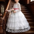thumbnail image 1 of Girls Maxi Gown Lace Long Sleeve Cinched Bow Belted A-Line Dress Tween Elegant Fluffy Mesh Tiered Layered Evening Dresses White 7-8 Years, 1 of 7