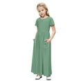 thumbnail image 1 of Girls Maxi Long Dress Summer Pleats Round Neck Short Sleeve Casual A-line Dresses for 4-14Y, 1 of 7