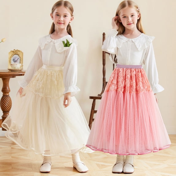 Girls Maxi Skirts Solid Color Elastic Waist Children's Midi Floral A-Line Skirts Mesh Pleated Party Festival Skirt for Kids