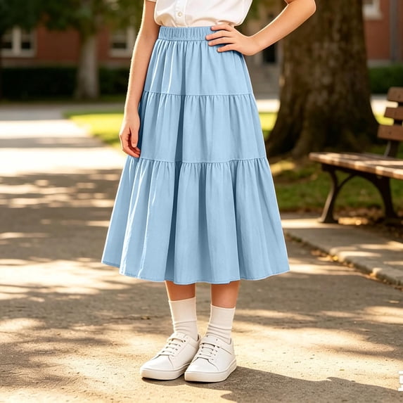 Girls' Maxi Skirts Tiered, School Uniforms Elastic Waist, Long, Flowy, Swing, Ruffle, Pleated, Casual A-Line Flared Skirts for Back-to-School(Maxi_Blue,100/3Y)