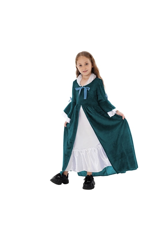 Girls Medieval Cos_Tume Dress Long Sleeve Elegant Princess Gown Halloween Party Formal Dress Up Outfit Kids Wear