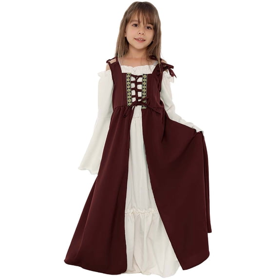 Girls Medieval Costume Dress Set for 4-14 Years, Square Collar Tied Waist Two Piece Halloween Dress