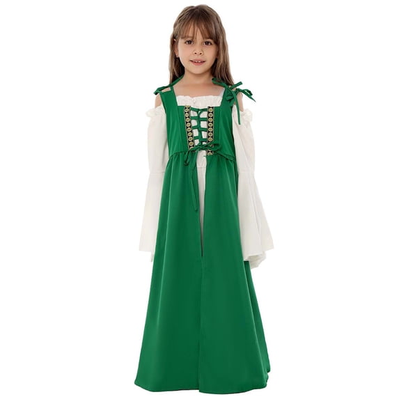 Girls Medieval Costume Dress Set for 4-14 Years, Square Collar Tied Waist Two Piece Halloween Dress