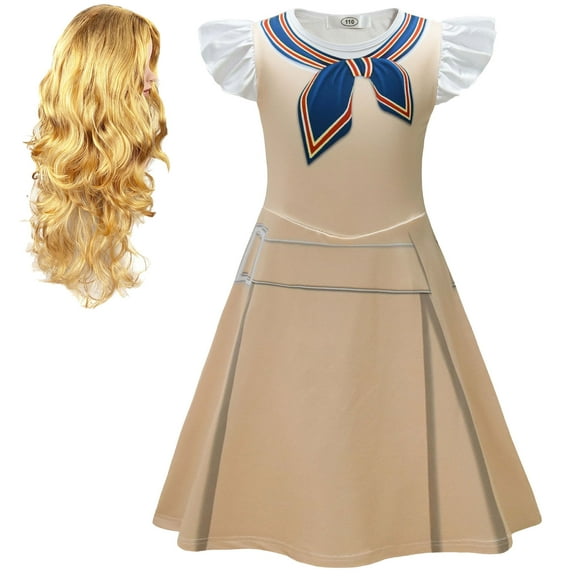 Girls Megan Costume with Wig Short Sleeve Halloween Cosplay Dress, Size for 4-9
