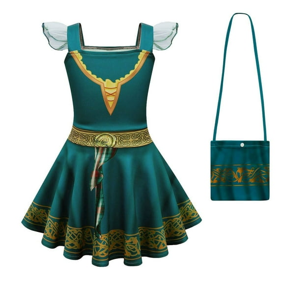 Girls Merida Princess Dress Halloween Cosplay Skirt with Bag