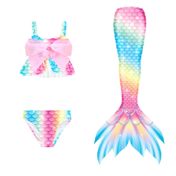 Girls' 3-Piece Swimsuit Set with Ruffled Tankini Top, Sparkly Tail Skirt – Beach & Pool Swimwear for 4-5Years