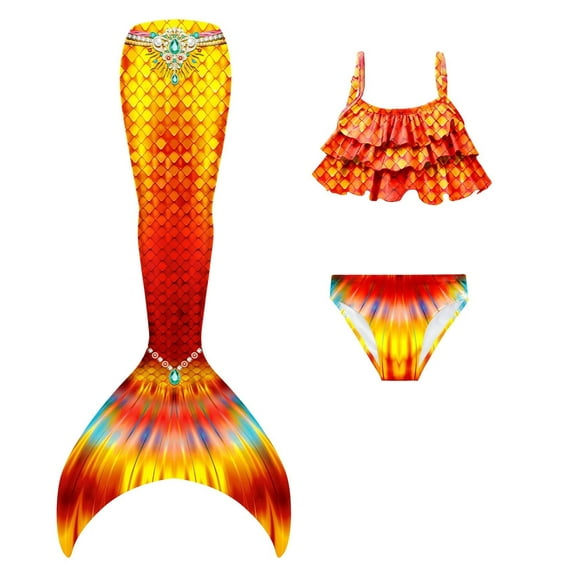 Hejin Mermaid Tail for Girls 3Pcs Kids Mermaid Swimwear Costume Bathing Suit Cute Ruffle Tankini 3-13T