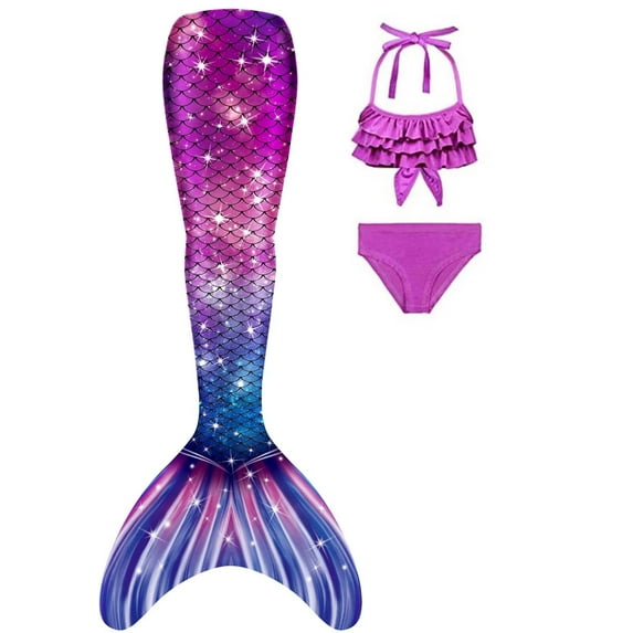 Hejin Mermaid Tail for Girls 3Pcs Kids Mermaid Swimwear Costume Bathing Suit Cute Ruffle Tankini 3-13T