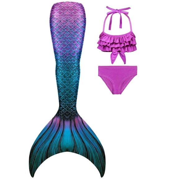 Girls Mermaid Bathing Suit 3PCS Cute Ruffle Tankini Swimsuits with Underwear Fish Tail Kids Beach Swimwear 3-11Y