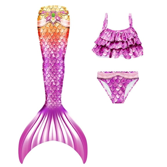 Girls Mermaid Bathing Suit 3PCS Cute Ruffle Tankini Swimsuits with Underwear Fish Tail Kids Beach Swimwear 3-11Y