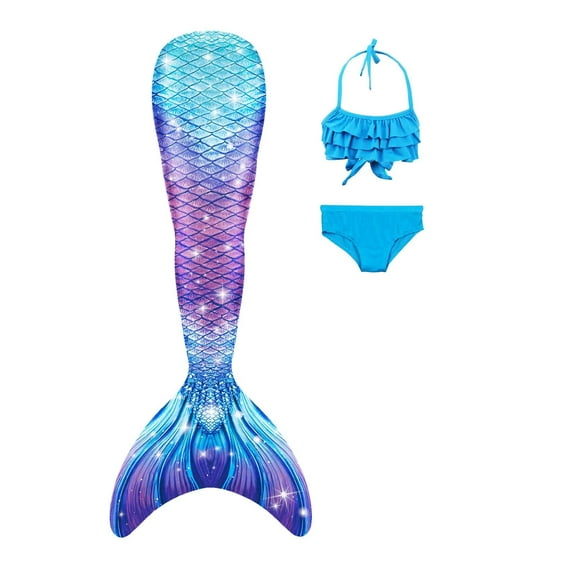 Hejin Mermaid Tail for Girls 3Pcs Kids Mermaid Swimwear Costume Bathing Suit Cute Ruffle Tankini 3-13T