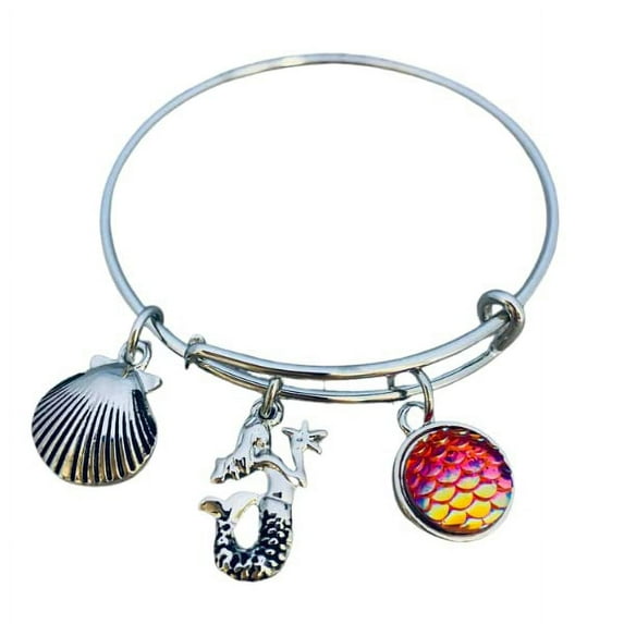 Girls Mermaid Charm Bangle Bracelet, Mermaid Sequin Tail Jewelry for Girls, Teens, and Women.