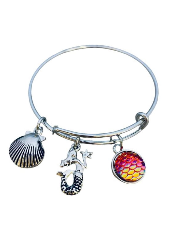 Girls Mermaid Charm Bangle Bracelet, Mermaid Sequin Tail Jewelry for Girls, Teens, and Women.