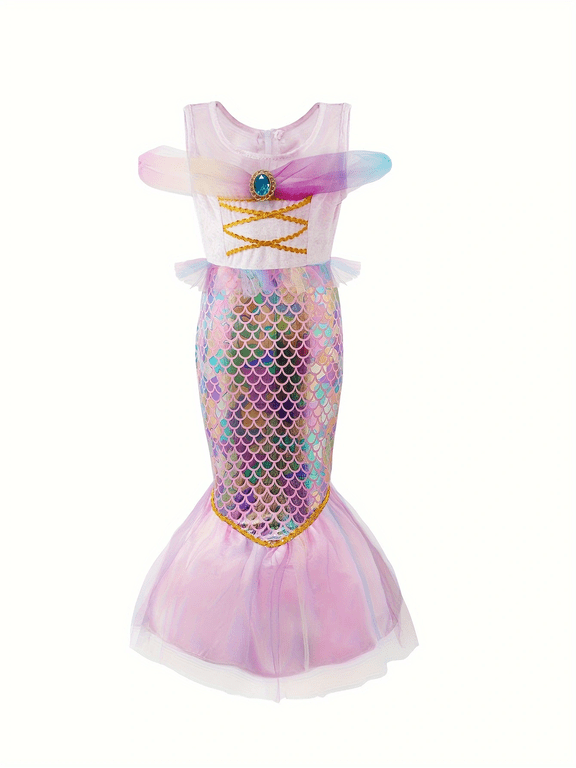 Girls Mermaid Costume, Shimmering Iridescent Scale Princess Outfit with Tail, Halloween Cosplay Dress for Birthday Party, 3-4Y
