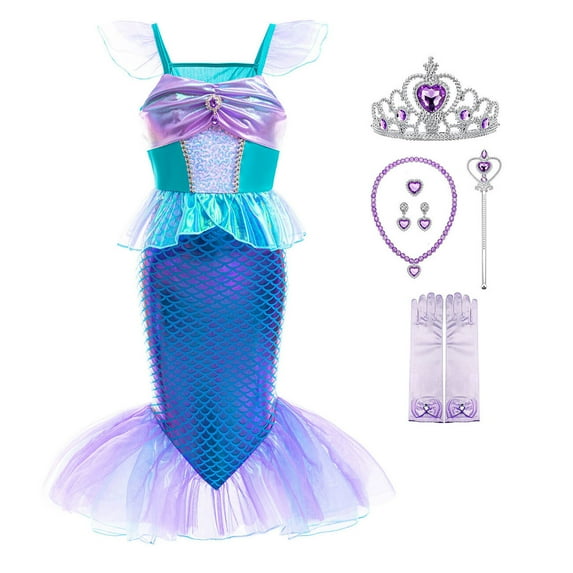 Girls Mermaid Costume Dress w/Accessories Halloween Cosplay Pretend Play Outfits for 3-4T