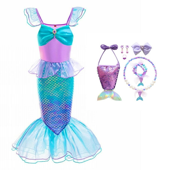 Girls Mermaid Costume Dress with Accessories Halloween Birthday Princess Outfits Dress, 2-3T