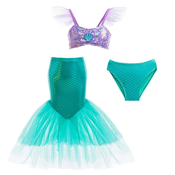 Girls Mermaid Costume Outfits Halloween Tank Skirt Briefs Dress up, Size for 2-7 Year
