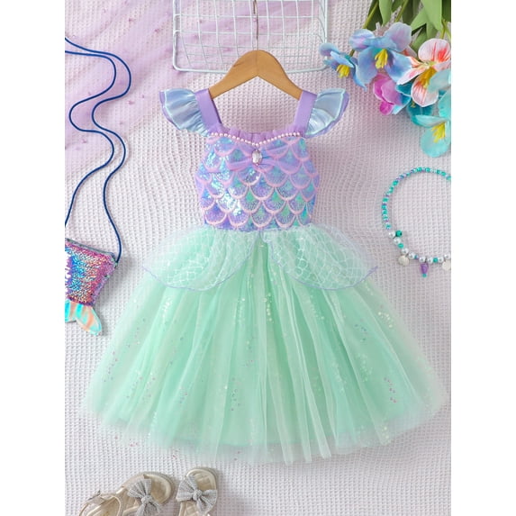 Girls Mermaid Costume Tutu Dress, Flutter Strap Iridescent Scale Sequin Top Sparkly Tulle Sundress for Birthday Party Cosplay