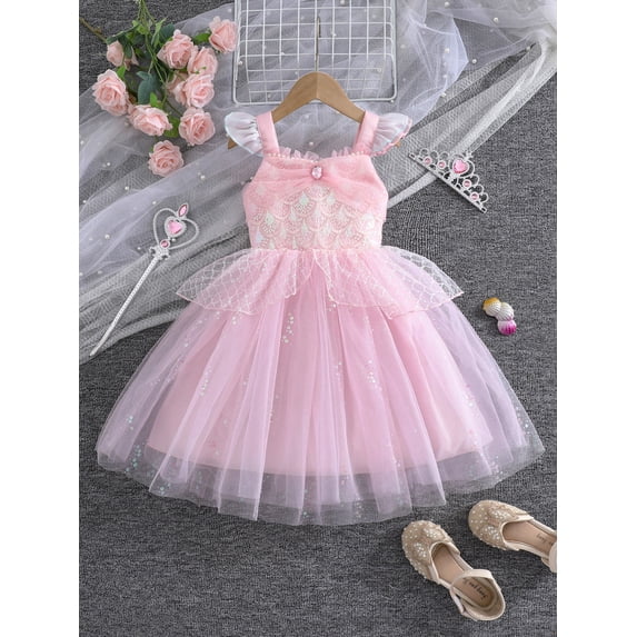 Girls Mermaid Costume Tutu Dress, Flutter Strap Iridescent Scale Sequin Top Sparkly Tulle Sundress for Birthday Party Cosplay