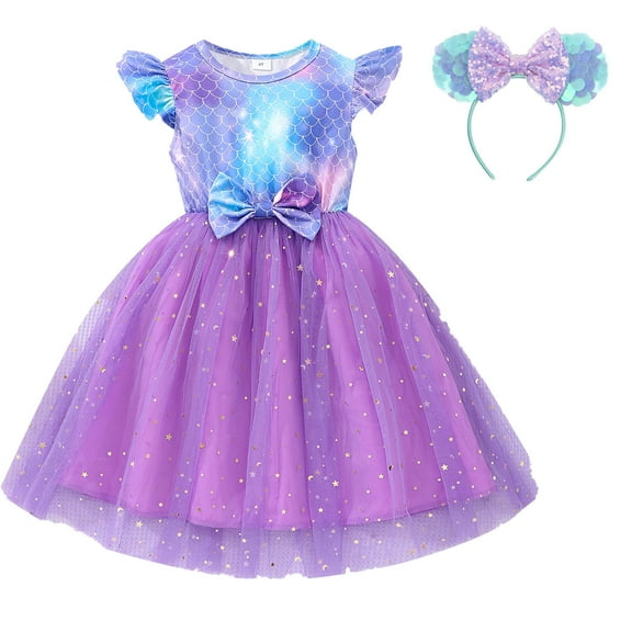 Girls Mermaid Dress Kids Summer Short Sleeve Swing Birthday Sundress 3-7Y
