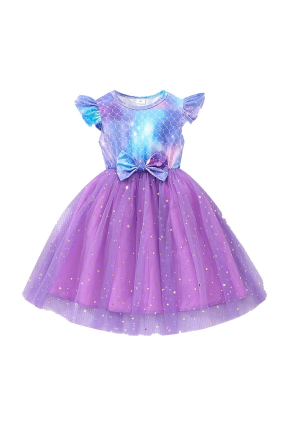 Girls Mermaid Dress Kids Summer Short Sleeve Swing Birthday Sundress 3-7Y