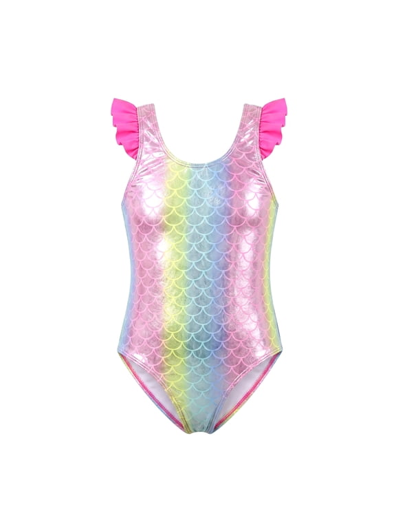 Girls One Piece Swimsuit Shiny Metallic Mermaid Fish Scale Rainbow Pastel Ombre Sleeveless Flutter Ruffle Strap Beach Swimwear for Girls Toddler Age 10 Years