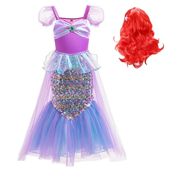 Girls Mermaid Princess Costume Sequins Party Dress with Wig