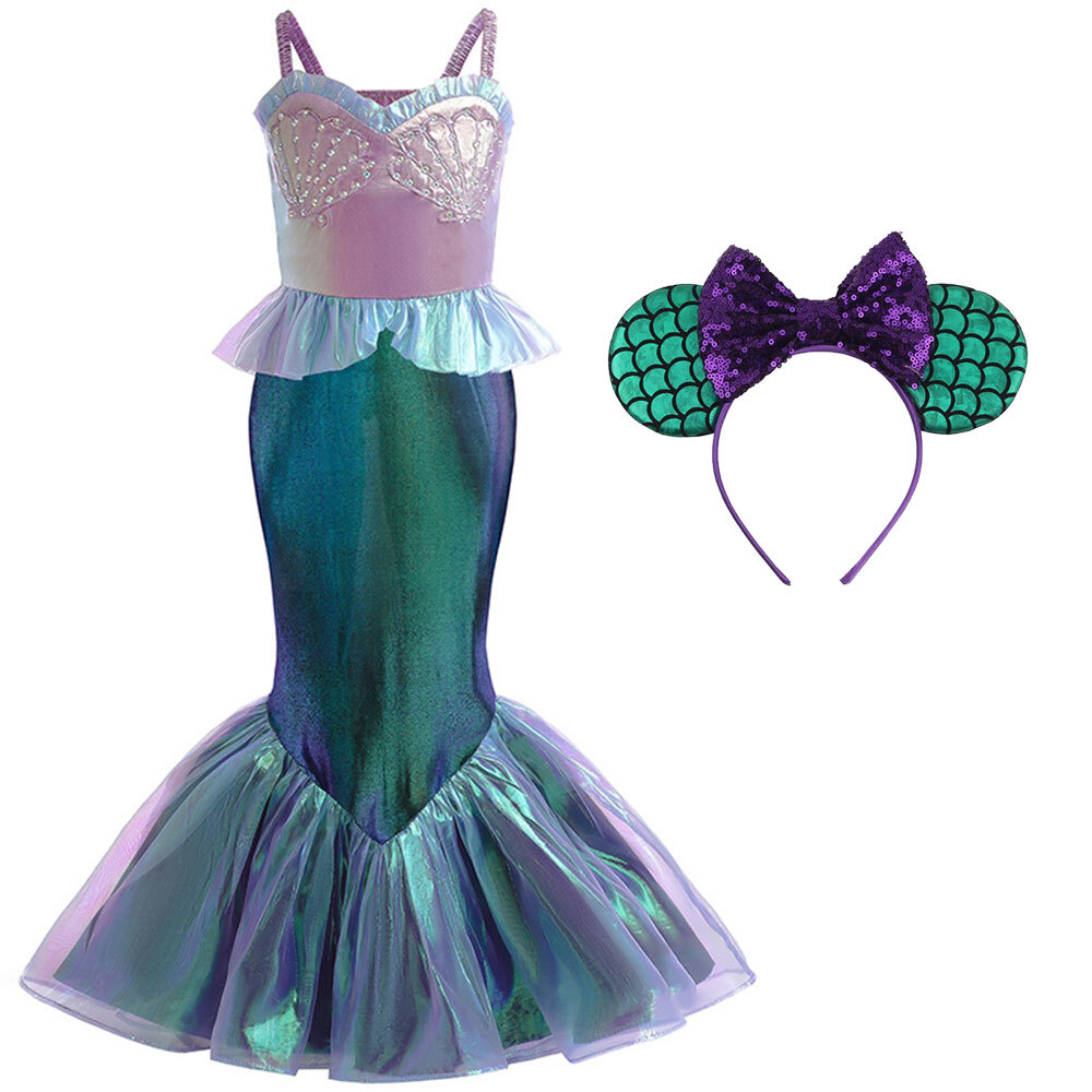 Girls Mermaid Princess Dress Ariel Costume for Kids Halloween Dress-Up, Size 3-8