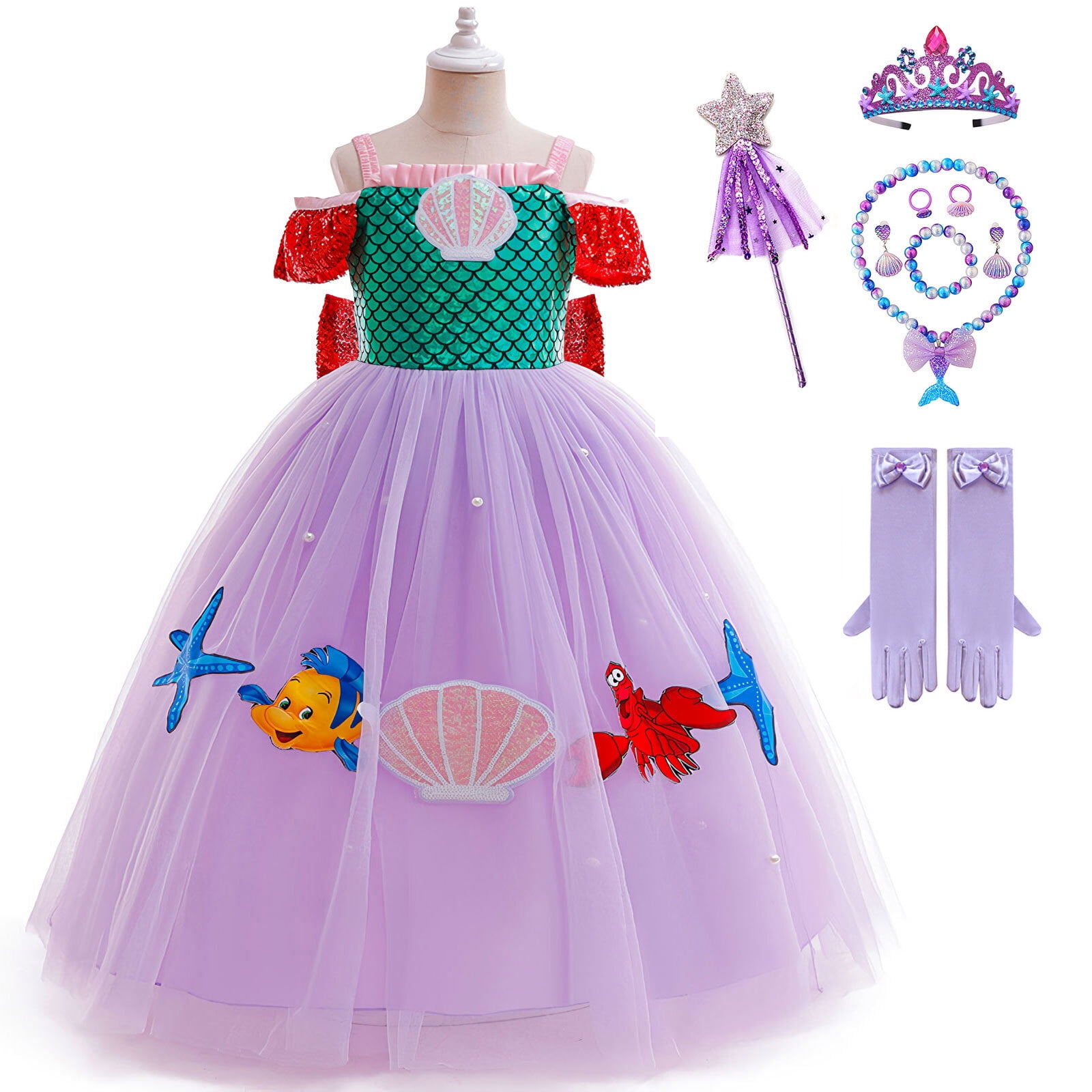 Girls Mermaid Princess Dress w/Accessories Ariel Costume Halloween Birthday Gown for 3-4T