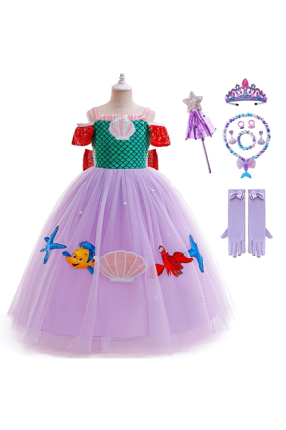 Girls Mermaid Princess Dress w/Accessories Ariel Costume Halloween Birthday Gown for 3-4T
