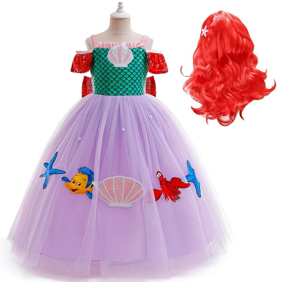 Girls Mermaid Princess Dress w/Wig Ariel Costume Halloween Birthday Gown for 3-4T