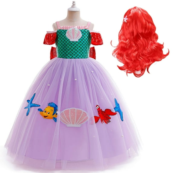 Girls Mermaid Princess Dress w/Wig Ariel Costume Halloween Birthday Gown for 7-8Y