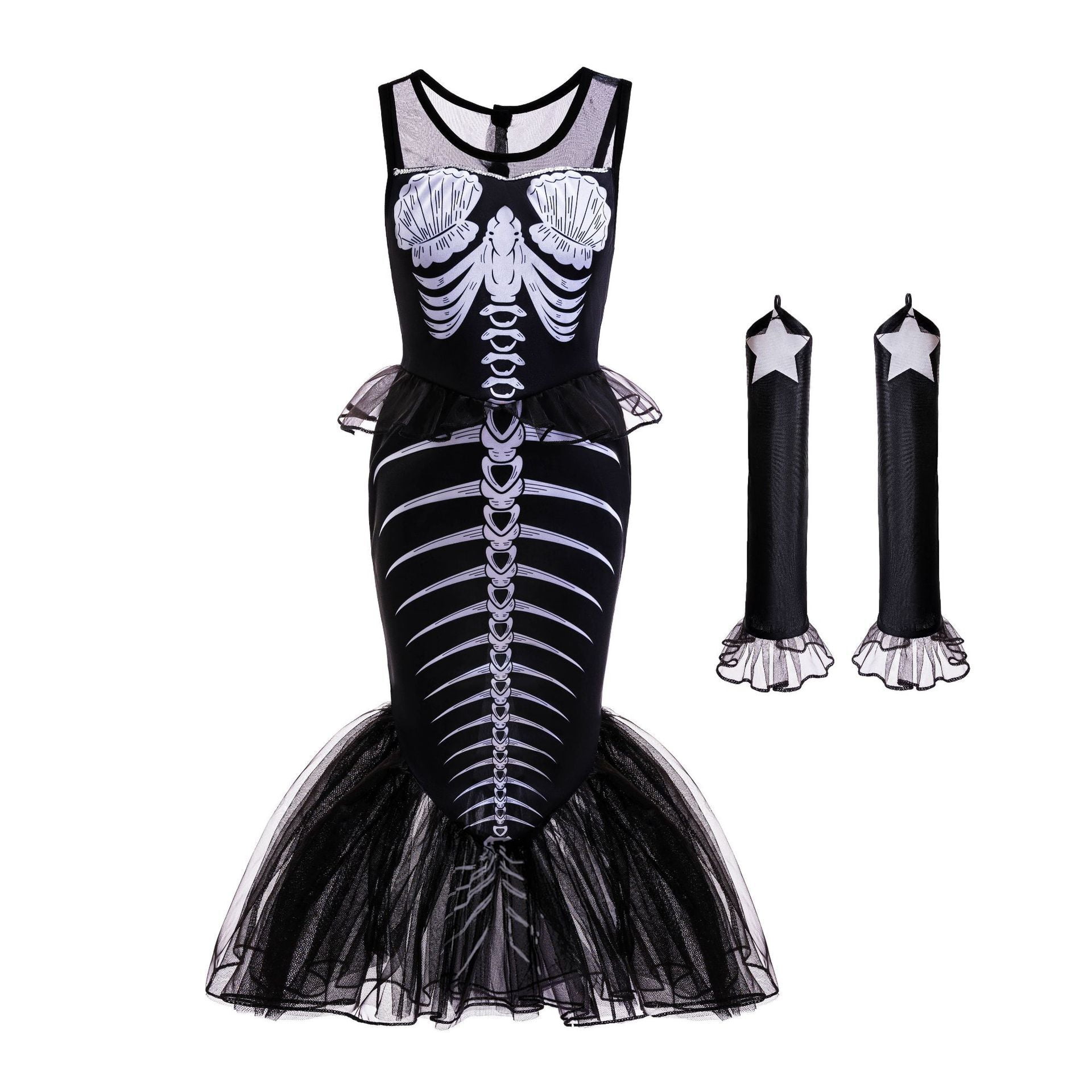 chinese dress ladies Halloween Skeleton Black & White Sleeveless Mermaid Fishtail Dress